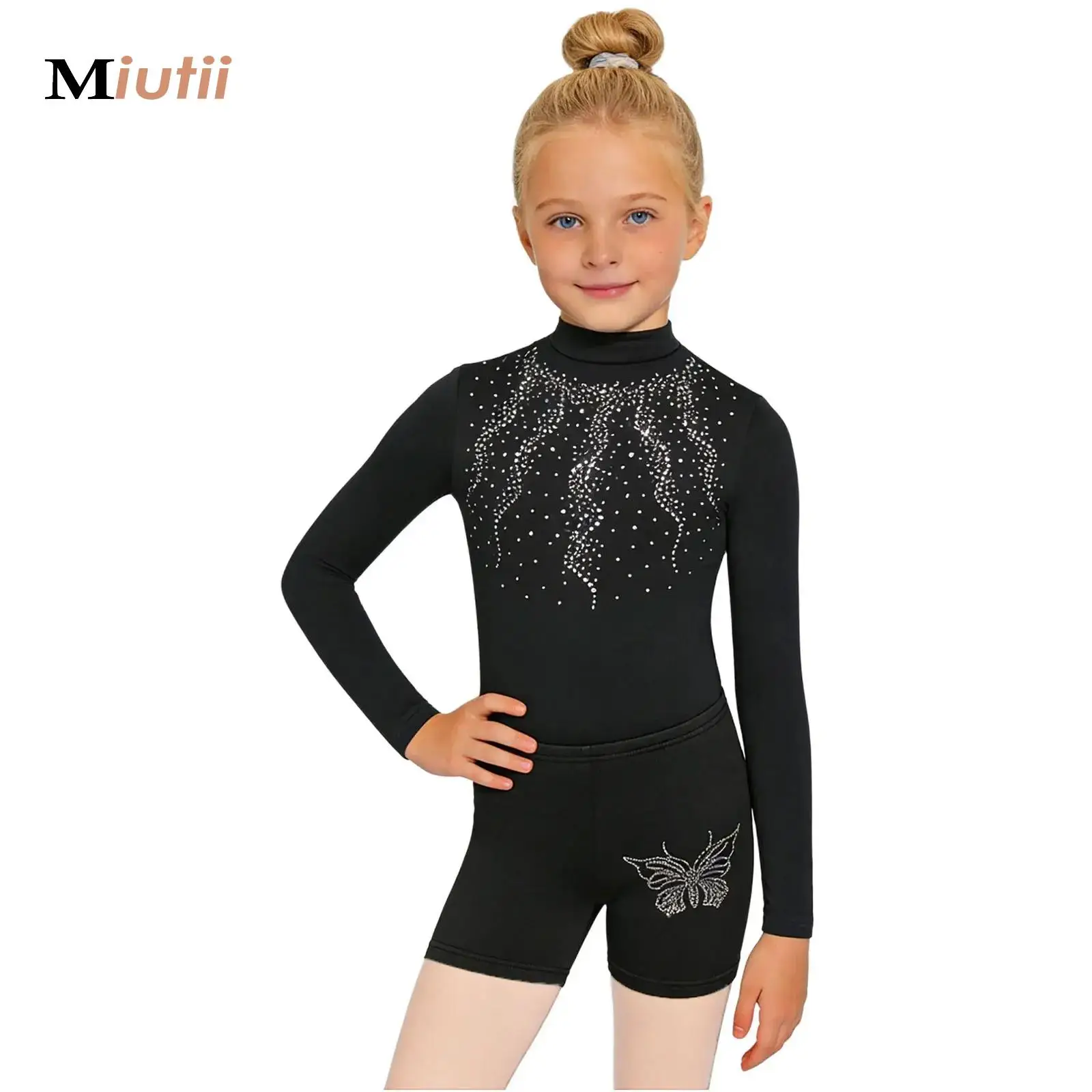 

Kids Figure Skating Outfit Girls Fleece Lined Gymnastics Leotard with Shorts Long Sleeve Rhinestone Tumbling Unitard Bodysuit