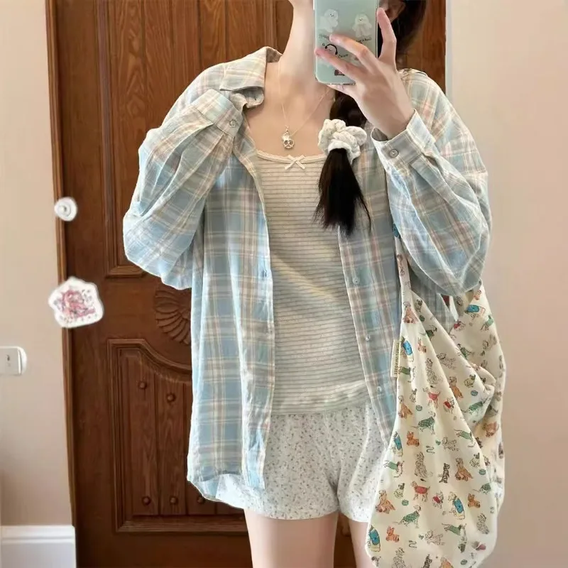 

Retro Plaid Shirt Tops for Women Early Autumn Loose Sunscreen Mid-length Shirt Cardigan Blouses