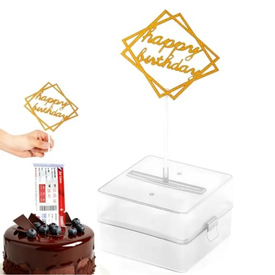 

Surprise Cake Pull Out Box Cake Topper Kit, 1Pc Clear Food Contact Safe Box, 1Pc Gold Happy Birthday, 20Pcs Pockets for Birthda