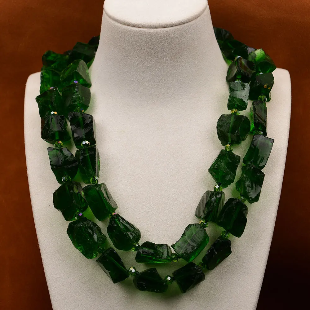 G-G 2 Rows Heavy Jewelry Natural Green Glass Rough Quartz Nugget Gems Stone Necklace Handmade Multi Strands Necklace