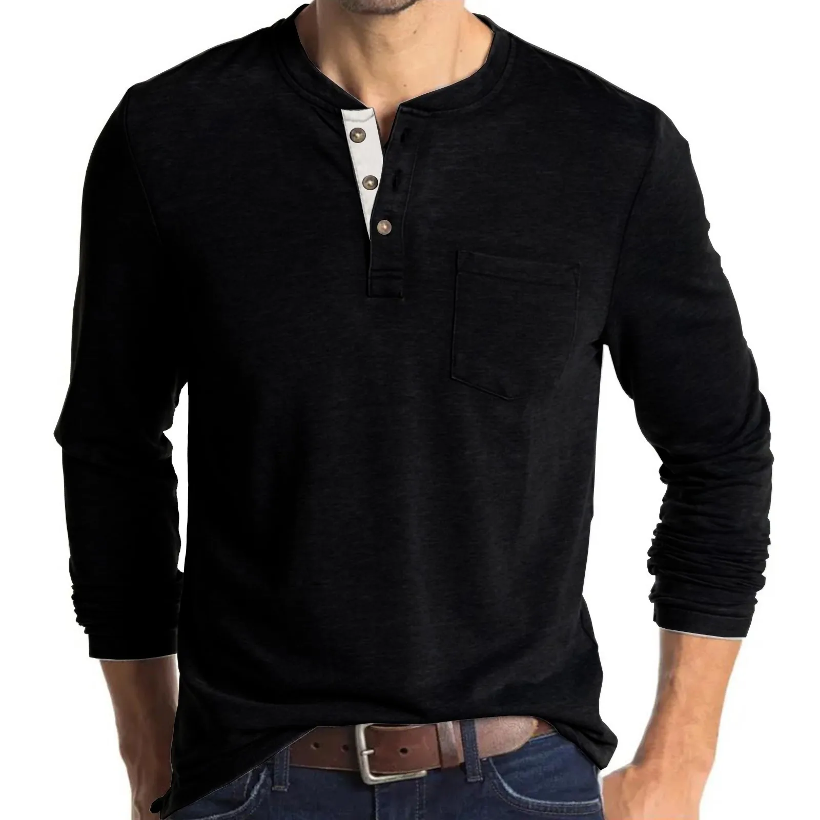 Men\'s Henley Collar Long Sleeved T-shirts Solid Casual Top Single Breasted Pocket TShirt Soft Comfy Bottoming Shirt for Autumn