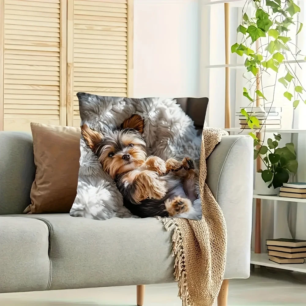 Fotografia 5: Capa de Almofada Quadrada de Cachorrinho Yorkshire Terrier Fofo e Macio para Decoração de Sofá e Quarto - 1 Unidade