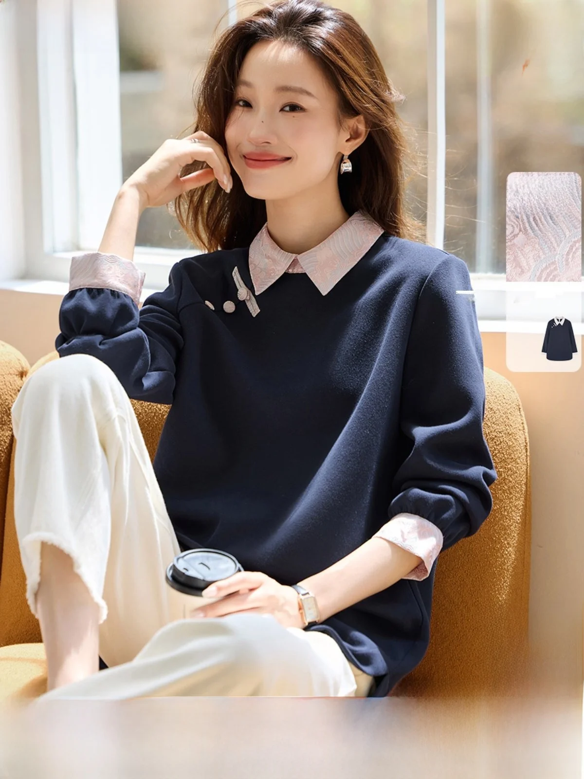 

Mehai Retro Embroidered Color Blo Women's Sweatirt Spring New Faion Design Warm White Effect Long Sve Cotton Polye...