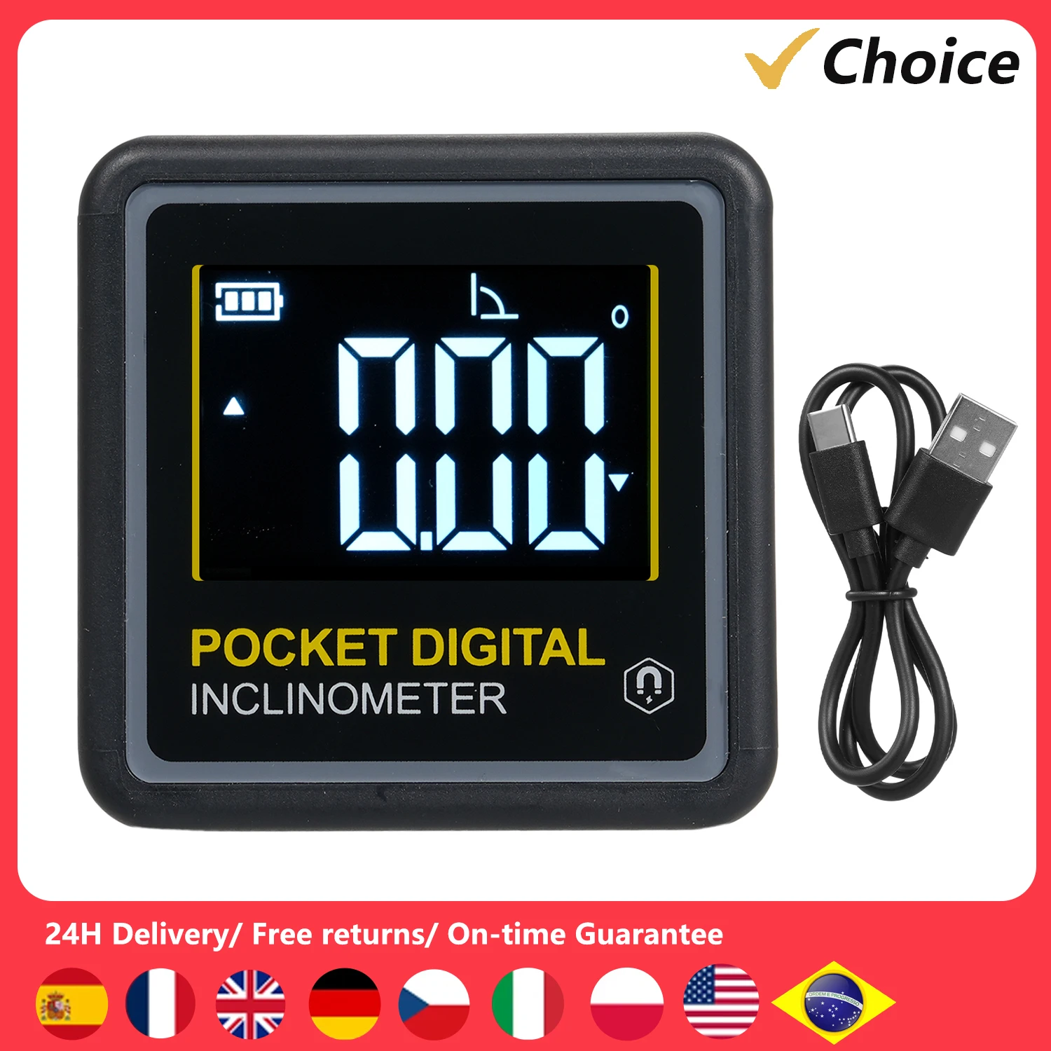 

4 x 90° Portable Digital Inclinometer LCD Backlight Digital Protractor Slope Meter Angle Ruler Single-side Magnetics Level