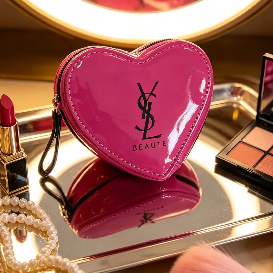 ysl-ブラッシュピンク-ハート型メイクアップバッグ-ミラー付き-かわいい携帯用トラベルコスメポーチ-オーガナイザー-ガールフレンドやティーンへのプレゼントに最適