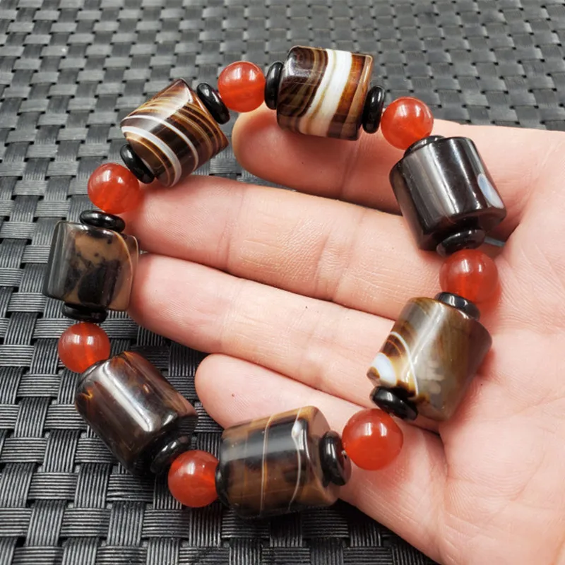 Shi Yuyuan Jade Agate Bead Barrel Bead Bracelet Three Eye Bead Bead Bracelet Jade Bracelet Jade Hand String