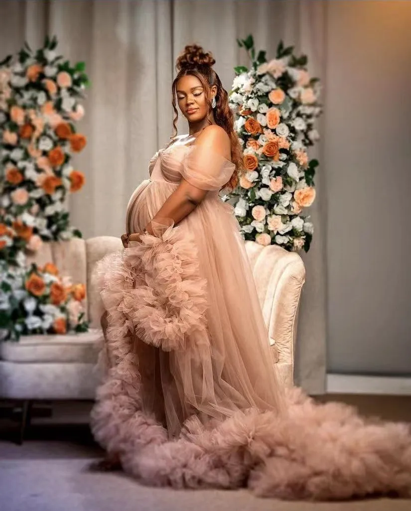 Vestidos de maternidade de tule com babados inchados para sessões de fotos, robe de tule fofo, vestidos de baile de noiva, vestido longo em camadas elegante