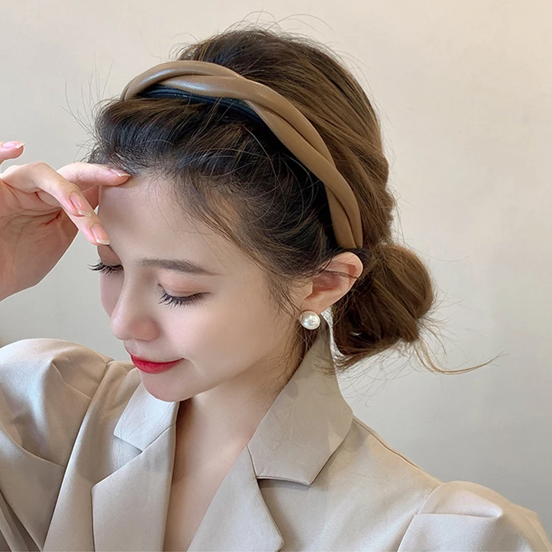 Neue Mode Frauen Stirnband Pu Leder Haarban Haar Reifen verdreht geflochtene rutsch feste Kopf bedeckung Mädchen Vintage Turban Haarschmuck – Detail 2