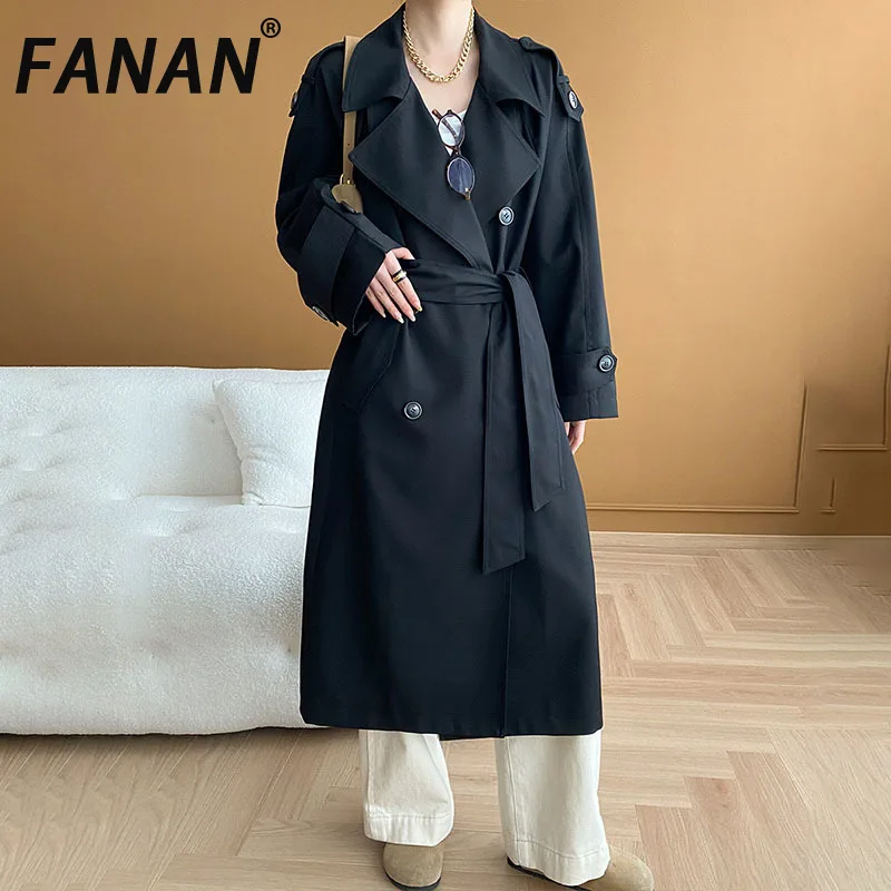 

FANAN Office Lady Trench Women's Belt Gathered Waist Long Windbreaker Elegant Long Coats Female Outwear 2025 Spring New Clothes