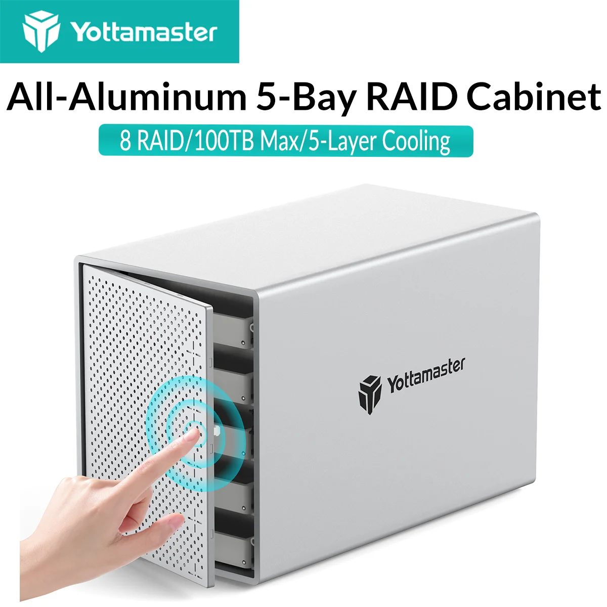 Yottamaster 5Bay Aluminum RAID Case 80mm Booster Fan USB Type C External Hard Drive Enclosure for 2.5"3.5"SATA HDD SSD Storage