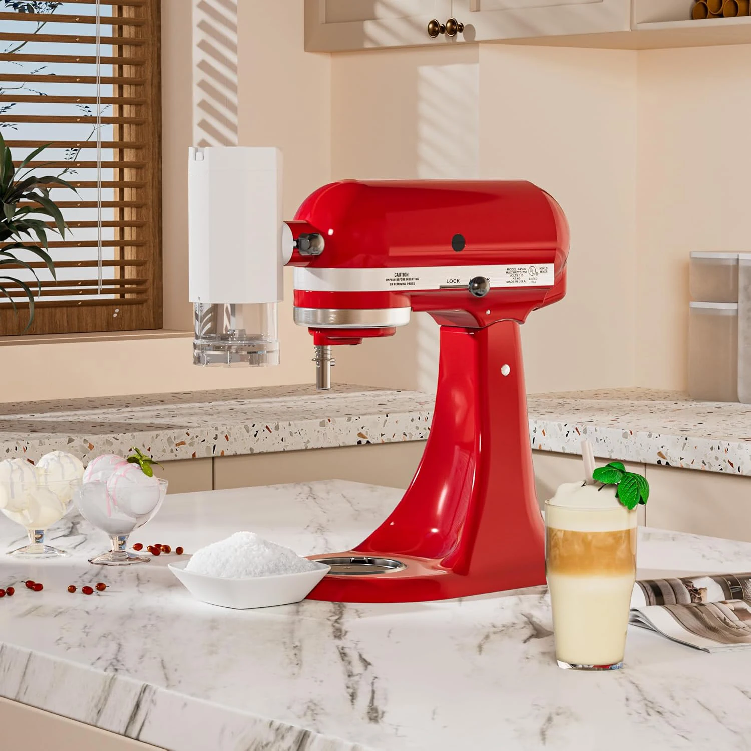 Shaved Ice Attachment for KitchenAid Stand Mixer, Snow Cone Shaved Ice Machine with Coarse and Fine Blades,8 Ice Cube Molde