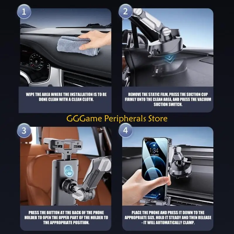 

U55B Easy Install Car Dashboard Suction Cup Mount Holder for Smartphone and Tablet Adjustable Metal Arm
