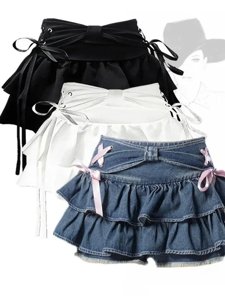 Women's A-Line Denim Short Skirt Korean Style Pleated Tie Slim Fit High Waist Cotton Polyester Blend Daily Wear Cake Skirt