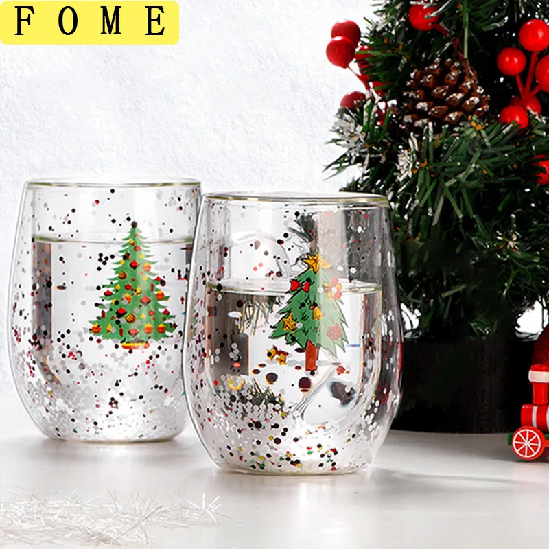 FOME Weihnachten Doppelschichtige Glastasse Hitzebeständige Kaffeetasse 300 ml Trinkgeschirr für Festliche Heiße Getränke Saftgeschenke