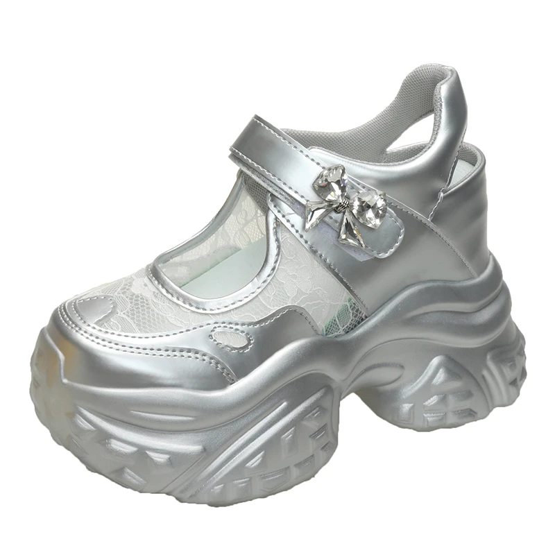 

11 см, новинка 2023 года, летние женские спортивные сандалии, нескользящие мягкие дышащие кроссовки на толстой платформе, блестящие удобные сетчатые сандалии на каблуке