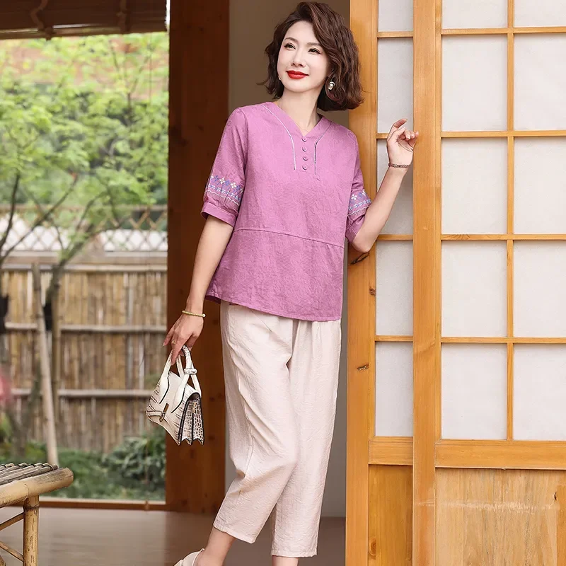 

Women's Orange Ethnic Embroidered Half-Sleeve Blouse V-Neck Loose Casual Daily Cotton Linen Top