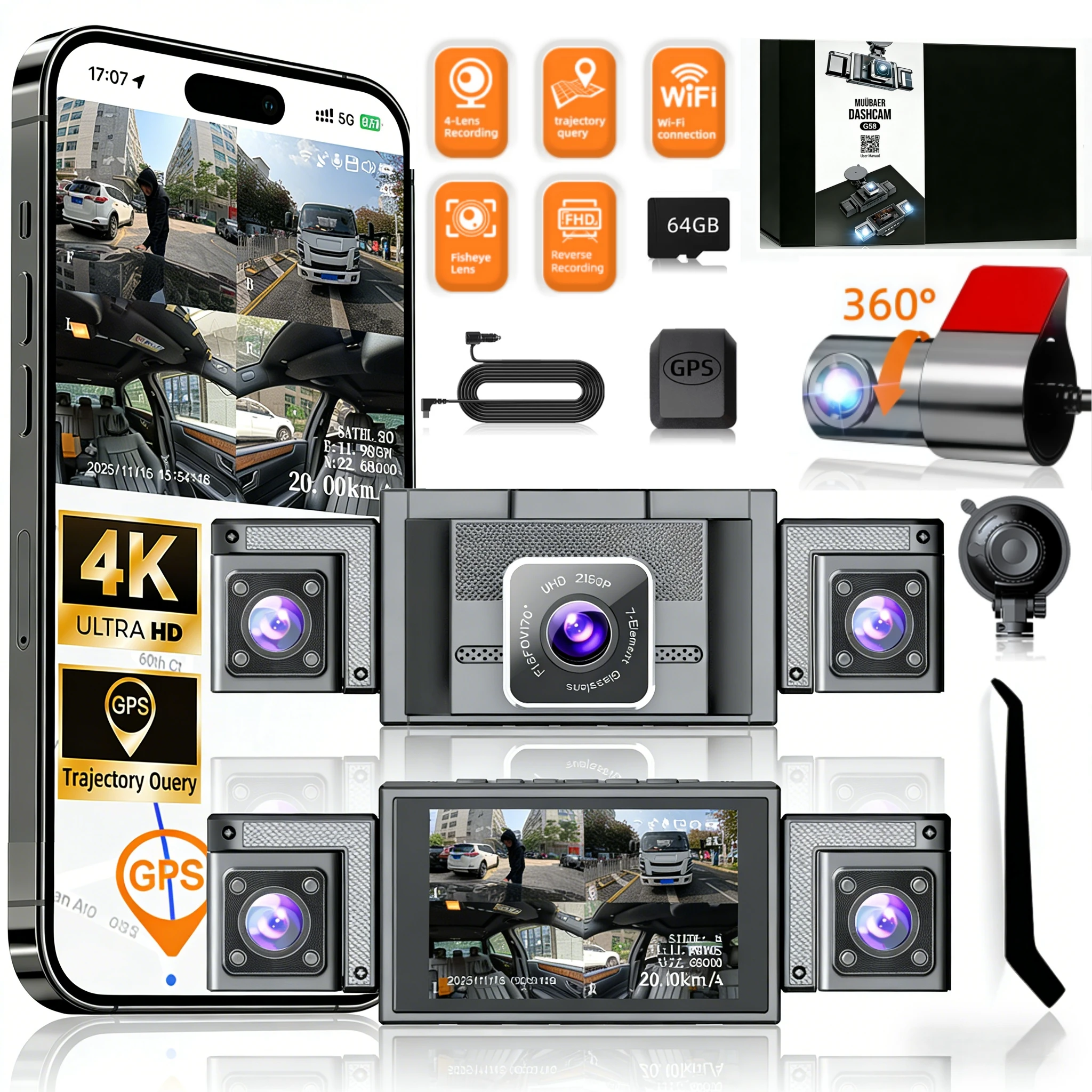 360° Dash Cam Front and Rear Inside, 4 Channel Dash Camera for Cars FHD 1080Px4, Built-in Wi-Fi, 3''IPS Screen, WDR Night Vision, External GPS, Free 64GB Card, 24H Parking Mode