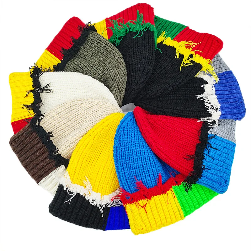 New Color Matching Knitted Hat Men's and Women's Winter Casual Warm Big Head Ear Protector Rough Edge Pointed Skull Beanie Cap