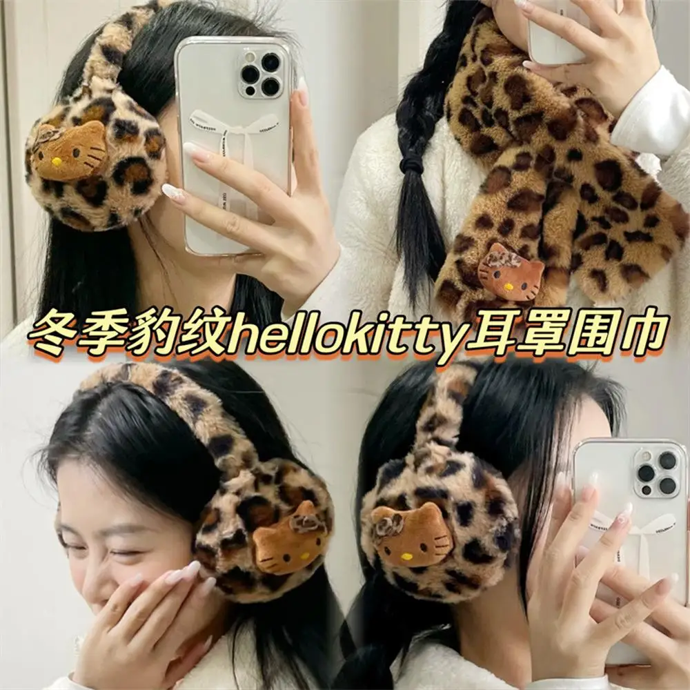 Cartoon Plush Earmuffs Scarf Hello Kitty Sanrios Retro Leopard Print Cute Doll Winter Thicken Keep Warm Student Festival Gfit