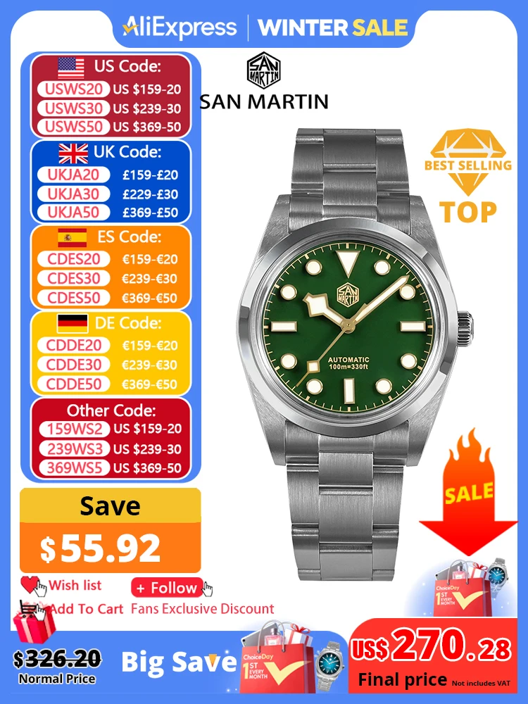 San martin vintage 36mm bb36 explorar série de escalada relógio masculino de luxo casais relógios esportivos automático mecânico 10bar relogio