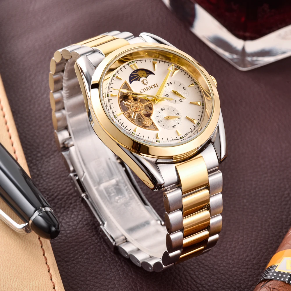 CHENXI Mechanical Watch Fashion Luxury Tourbillon Moon Phase Watches Men Silver Gold Steel Band Automatic Mechanical Wristwatch