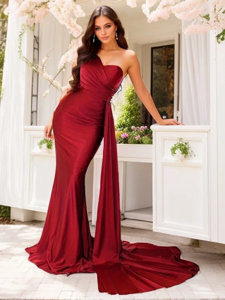 Elegant One Shoulder Sleeveless Evening Party Dress Backless with Padded Ribbon Stretch Satin Wedding Party Bridemaids Dress New