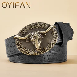 Western Leather Buckle Belts Cowboy Longhorn Bull Pattern Buckle Belt Floral Engraved Buckle Belt for Men