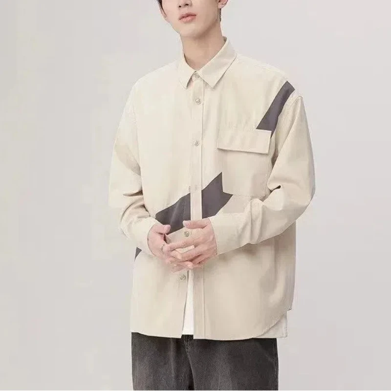 Japanese Men's Spring Autumn 2024 New Patchwork Square Collar Button Fashion Solid Loose Versatile Casual Long Sleeved Shirts