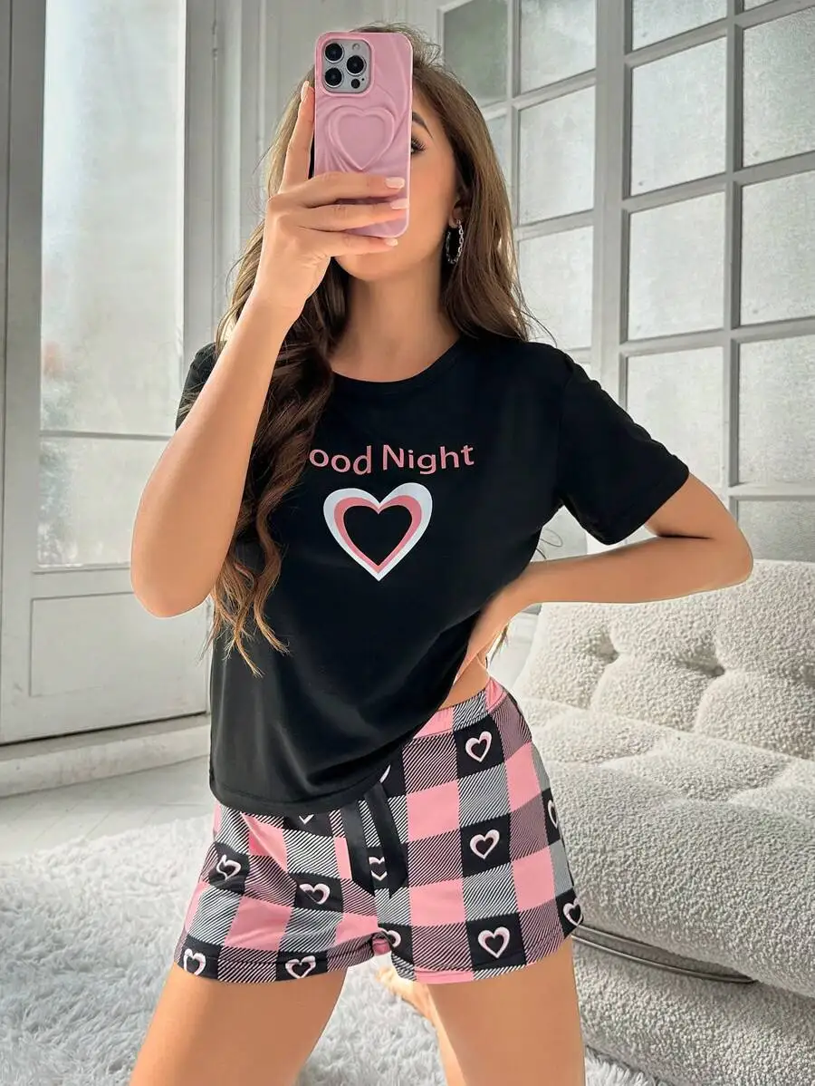 

Heart And Letter Print Short Sleeve T-Shirt With Plaid Shorts Pajama Set