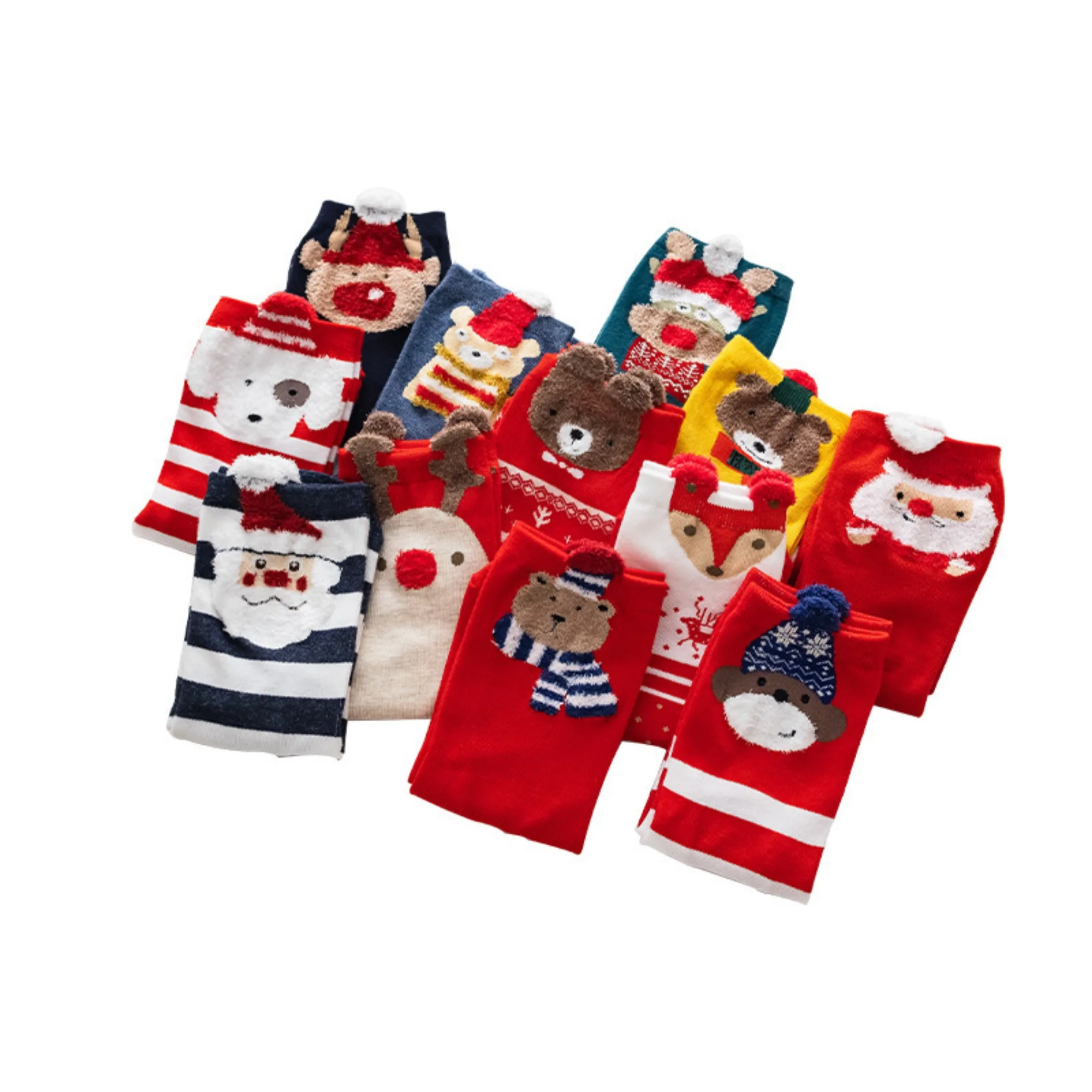 1/5 Pairs Women's Cartoon Striped Christmas Socks, Red 3D Ears Mid Calf Socks, Autumn Winter Cute Casual Female Socks ﻿