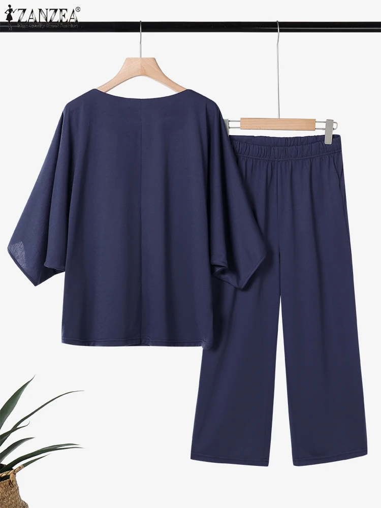 الخريف مطابقة مجموعات ZANZEA النساء بانت مجموعات قطعتين وتتسابق 2025 موضة الخفافيش كم بلايز عادية الصلبة فضفاض السراويل كبيرة الحجم