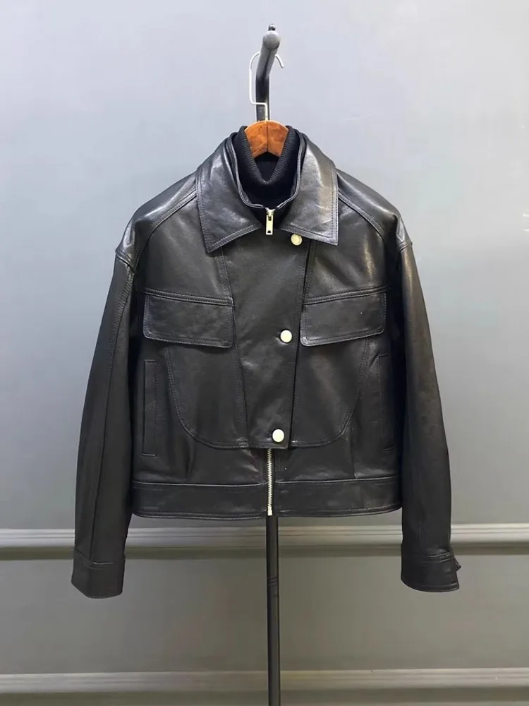 Designer Frauen Doppel Kragen Arbeit Jacke Vintage Schaffell Echtes Leder Jacke Herbst Lose Fit Motorrad Mantel Streetwear