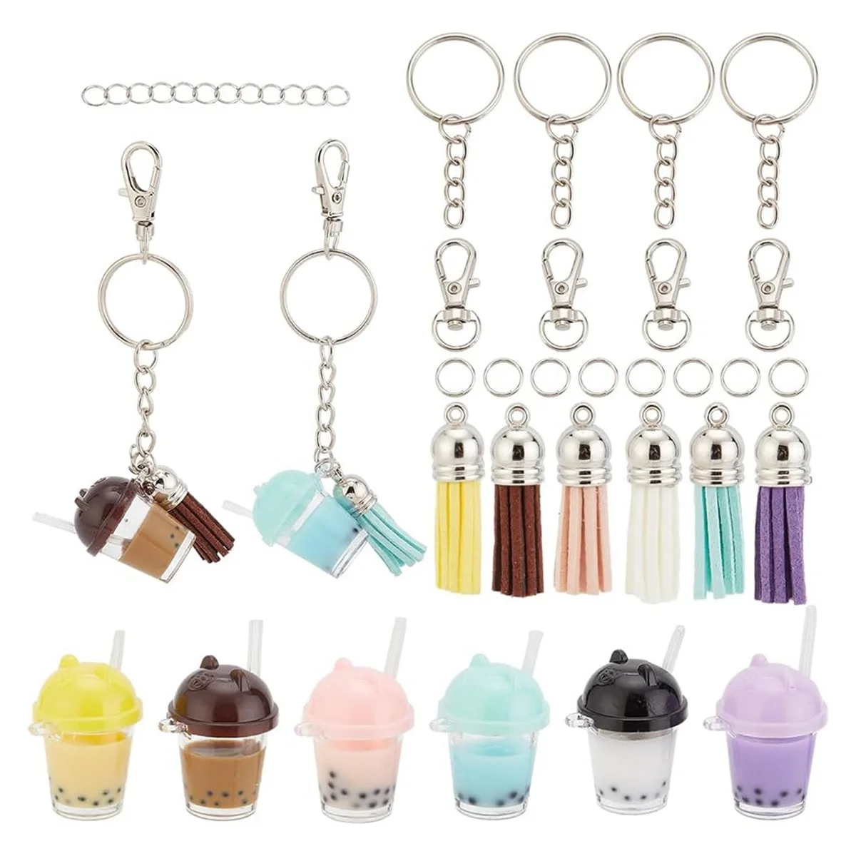 62Pcs Cup Keychain Making Kit, Including 6 Colors Bear Mini Cup Charms 3D Resin Bubble Tea Pendants and Tassel