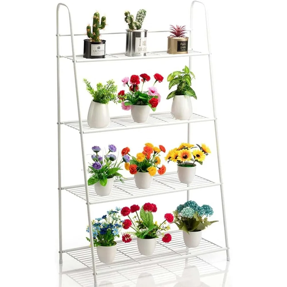 

4 Tier Metal Plant Stand, Ladder-Shaped Storage Rack Stand Shelf,Shoe Organizer, Utility Storage for Indoor Outdoor Use, White