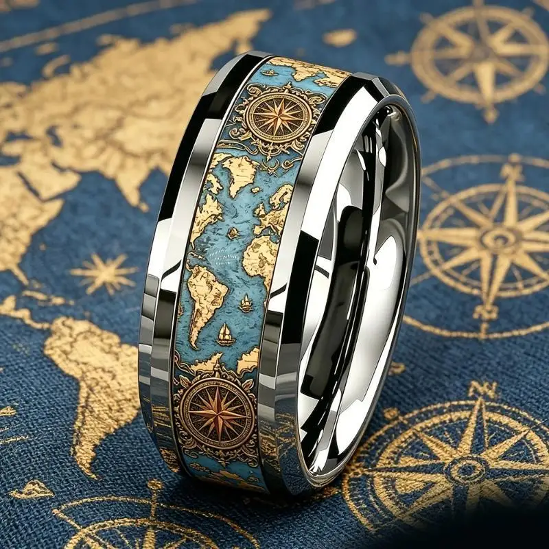 Vintage World Compass Ring Retro Ocean Theme Men Stainless Steel Ring High Polished Nautical Traveler Jewelry Gift For Him