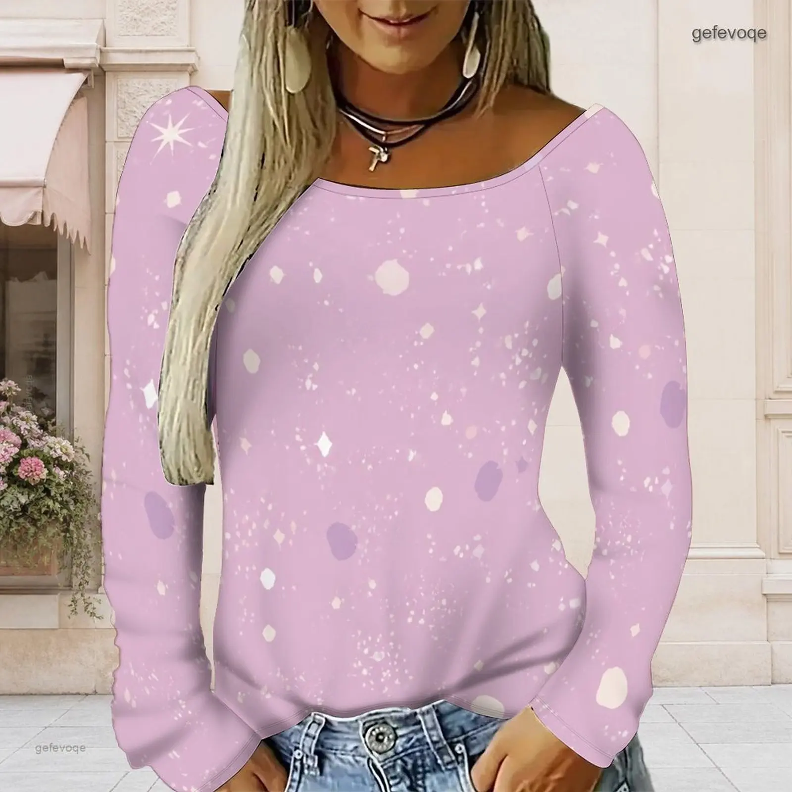 Round Neck Long Raglan Sleeve Curved Hem Printed Top for Women