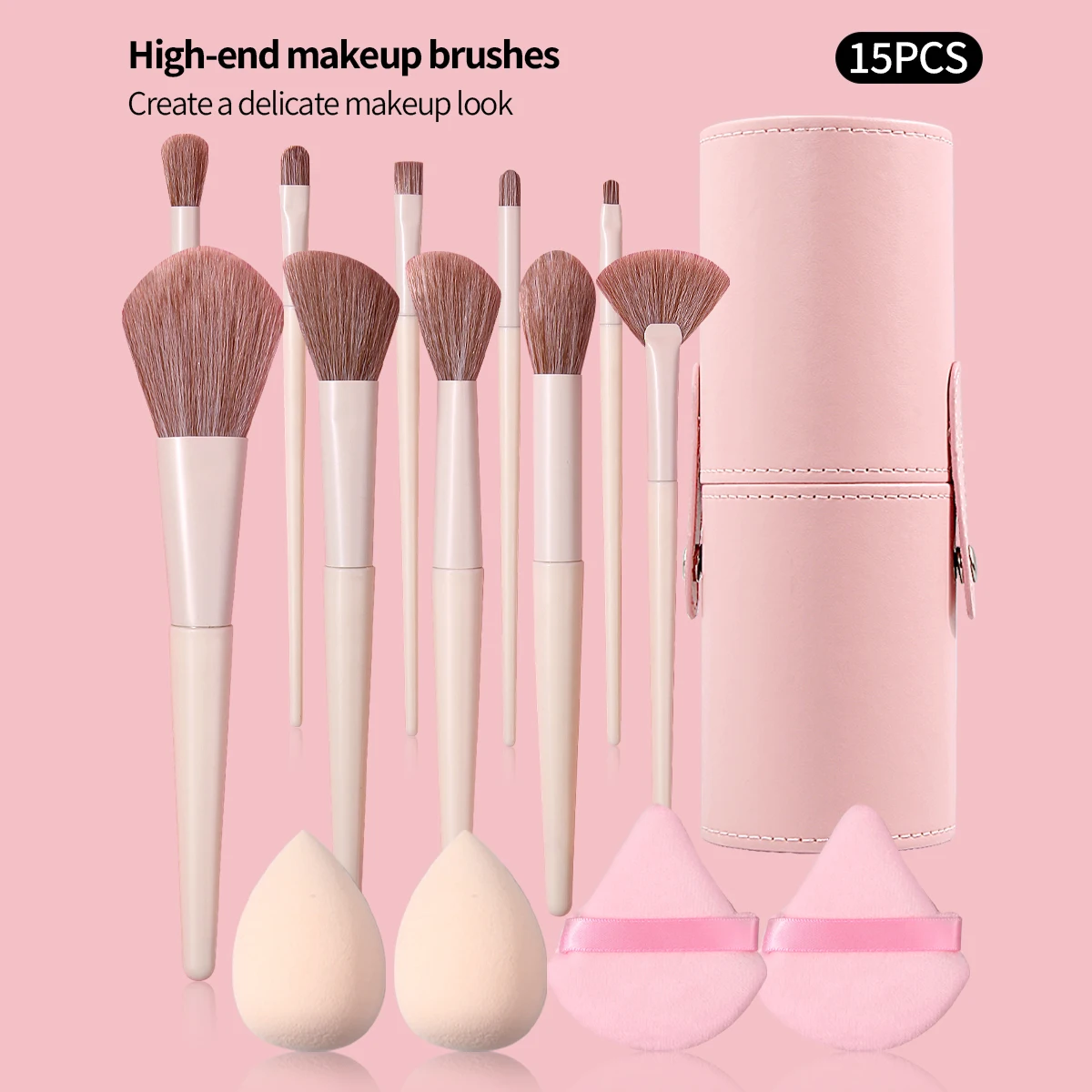 

Набор из 15 кремово-белых кистей для макияжа, спонж для макияжа, пуховка для пудры, контейнер для хранения кистей, профессиональные кисти для макияжа, для домашнего использования.
