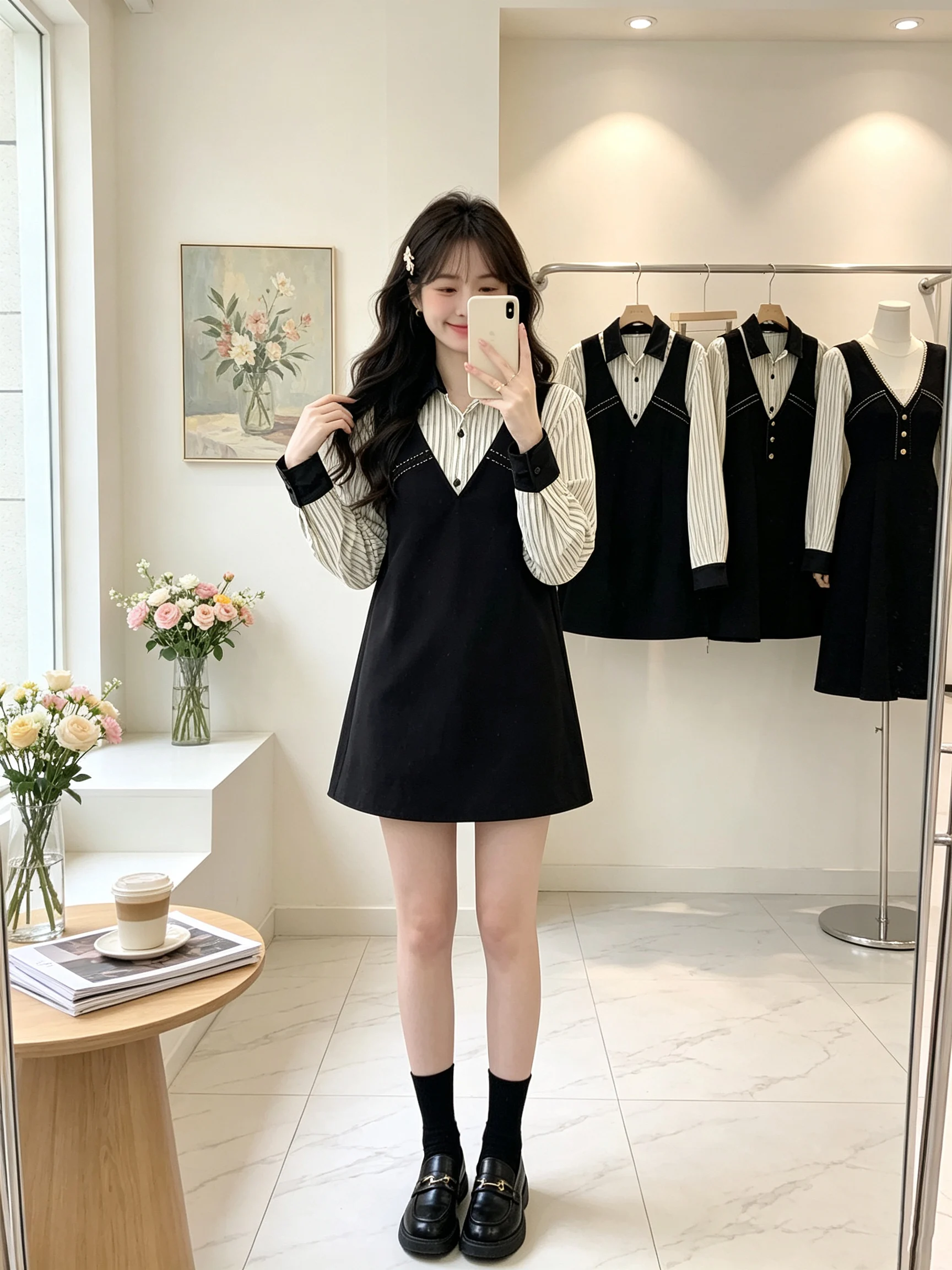 Women's Autumn College Style Patchwork Stripe Shirt V-Neck Vest Dress Design Two-Piece Set Long Sleeve Regular Fit Warmth
