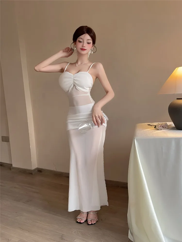 Preto branco transparente pura malha retalhos vestido longo sexy feminino alta divisão slash neck bodycon cinta deslizamento longo vestido de festa