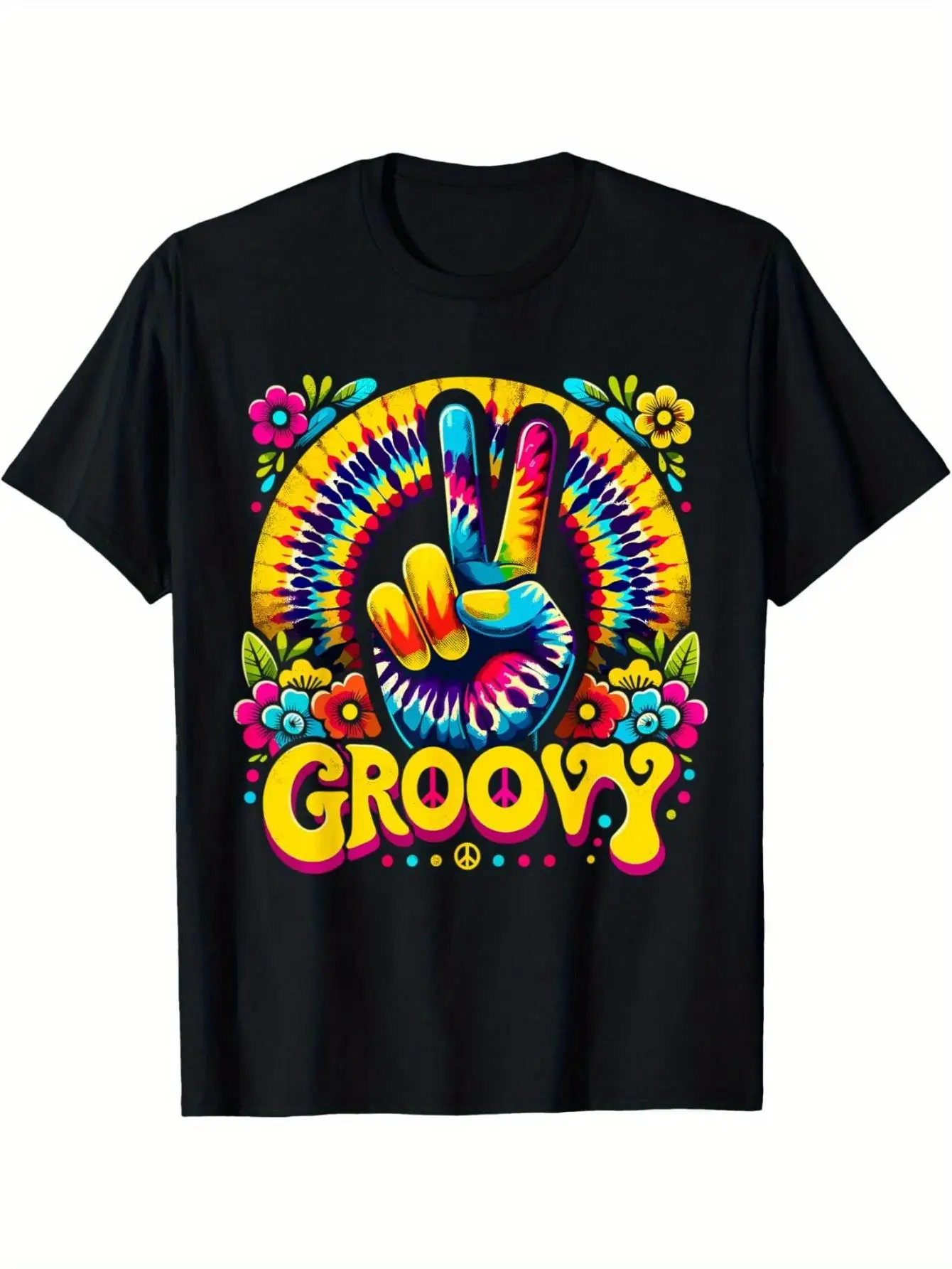Men's Vintage Hippie Peace Symbol T-Shirt - Soft round-neck short-sleeve T-shirt featuring psychedelic GROOVY patterns, colorful floral and geometric designs, regular fit casual summer top