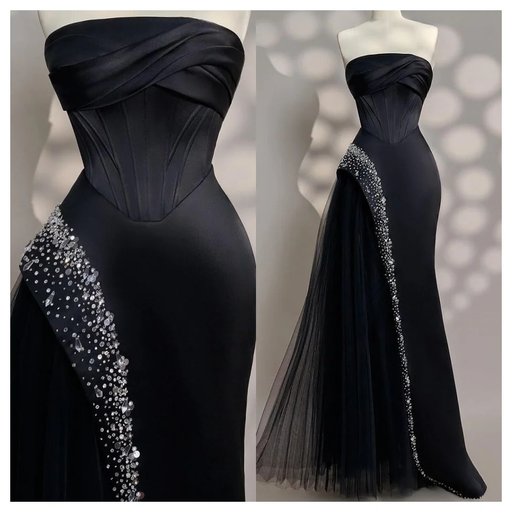 فستان سهرة فاخر من الساتان الأسود بتصميم حورية البحر مخصص بدون حمالات بدون أكمام للحفلات الراقصة بطول الأرض