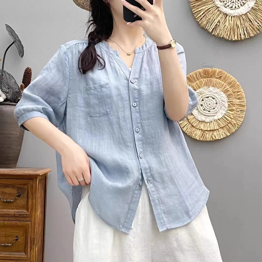 

Retro Linen irt Women Summer Lightweight Loose Slimming Casual Mid-Sve Trendy Top Commute Sle V-Ne Cotton Blend
