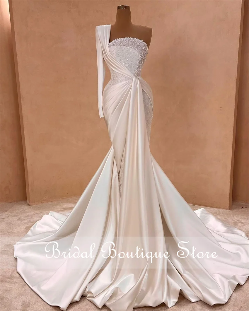 

New 2024 Elegant Mermaid Wedding Dress One Sleeve Beading Crystals Lace Pearls Bridal Gowns Court Train Custom-Made