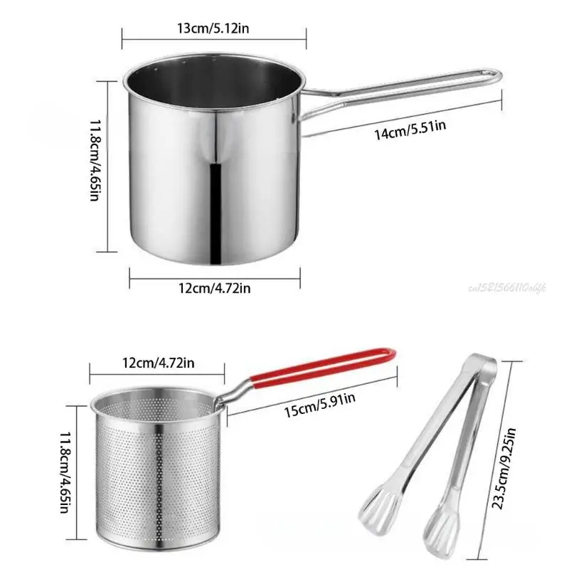 27RB 메쉬 바스켓 미니어처 인체 공학적 단일 핸들 프라이팬이있는 작은 스테인리스 스틸 프라이팬 프라이팬 프라이너 스트레이너