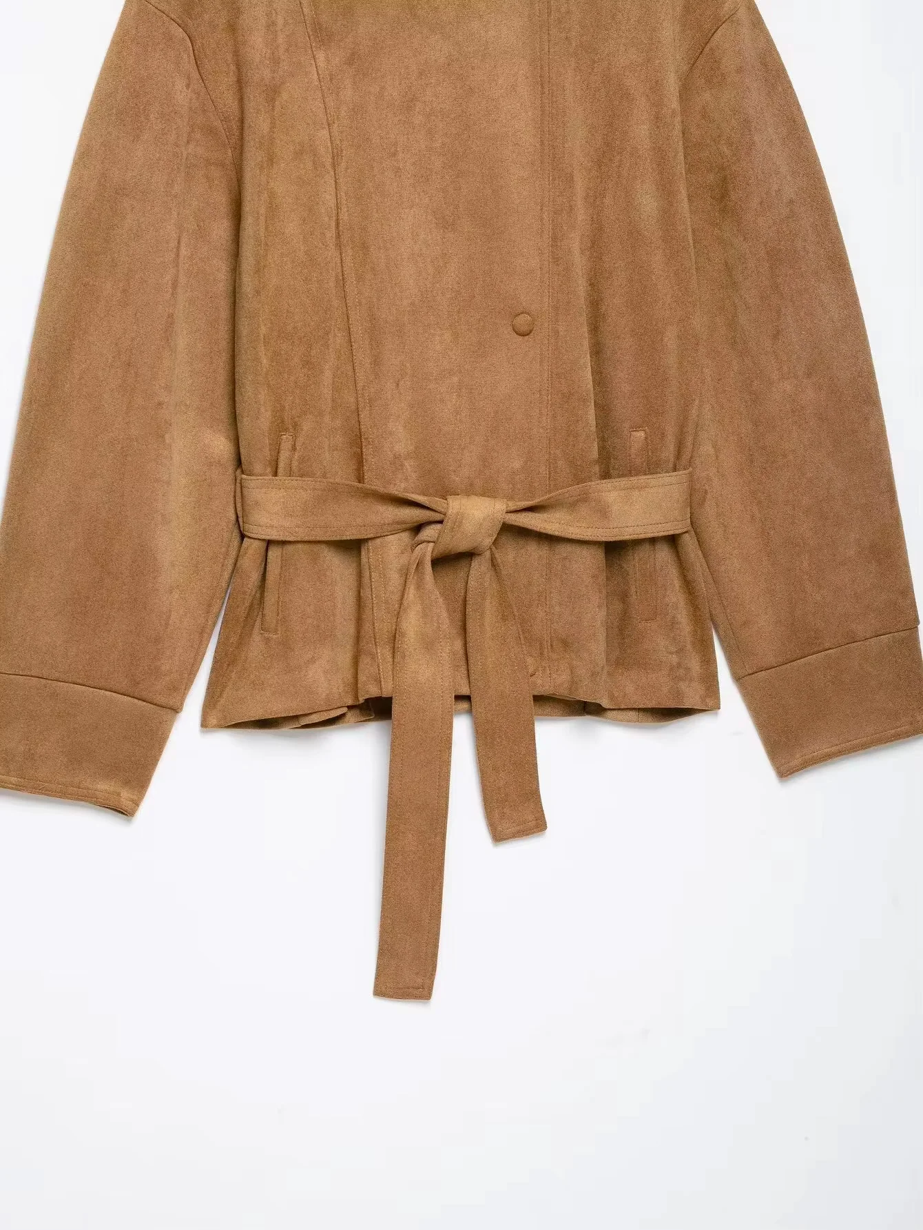 HH Damen Vintage Kunstleder Khaki Oberbekleidung Modische Jacke mit Hohem Stehkragen und Wildleder-Taille Frühling Herbst Warmer Lässiger Alltagsmantel – Detail 8