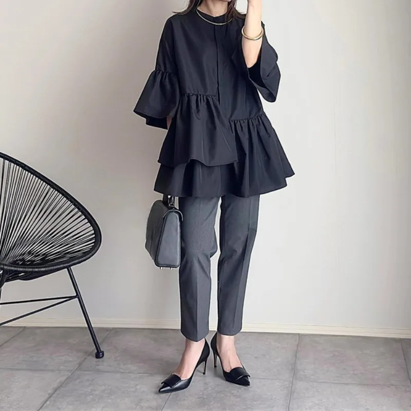 OCEANLOVE Japanese Style Women Shirts&blouses Solid Vintage Elegant Spring Autumn Blusas Mujer Fashion Simple Black Camisas