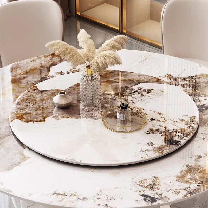 Italian minimalist bright rock slab dining table and chair combination, modern simple round table with its own turntable