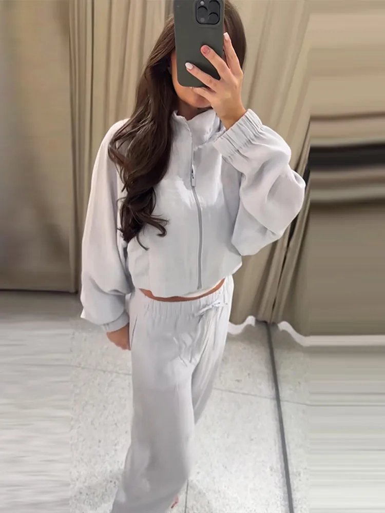 Damen-Hosenanzug 2-teilig mit Stehkragen, Laternenärmeln, Kurzmantel und Weiten Hosen, Modische Streetwear für Damen, Neu – Detail 14