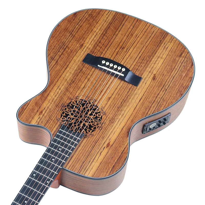 40 Inch Electric Acoustic Guitar Hickory Wood Body Flower Pattern Unique Sound Hole Folk Guitar Matte 6 Strings Wood Guitar