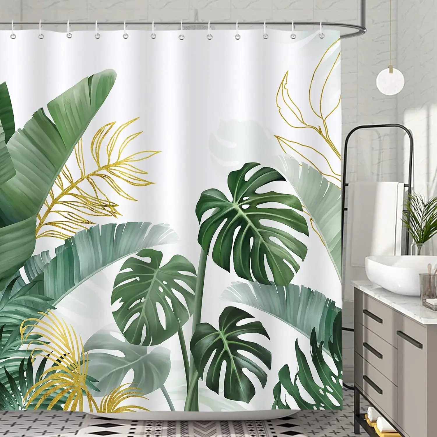Duschvorhang mit tropischen Blättern, grün-goldener Monstera-Palmen-Bananenblatt-Pflanzenmuster, Badezimmer-Vorhang aus Polyester, wasserdicht